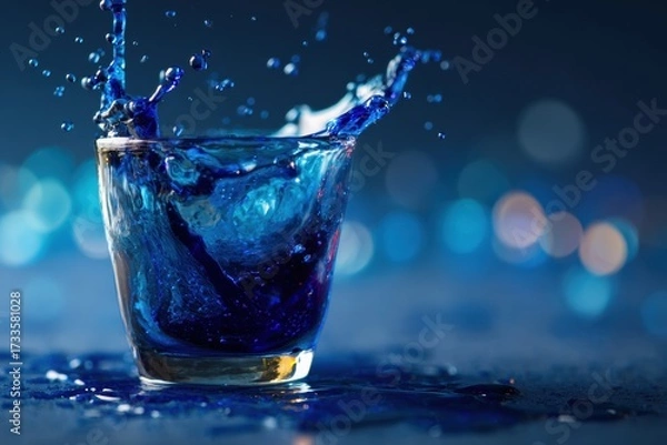 Fototapeta Cobalt blue liquid pouring into glass cup, dramatic splash with suspended droplets, high contrast refraction for beverage ads, science visuals, and luxury product branding

