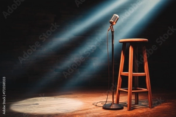 Fototapeta Stage setup with microphone and wooden stool highlighted by bright spotlights in a stand-up comedy venue