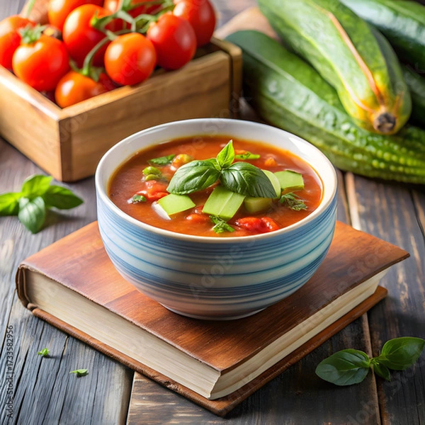Obraz tomato zucchini vegetable soup with herbs in black
