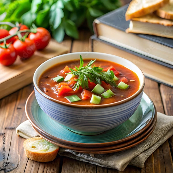 Obraz tomato zucchini vegetable soup with herbs in black