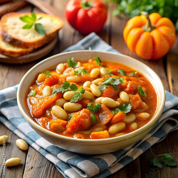 Fototapeta stewed white beans and sliced pumpkin in tomato sa