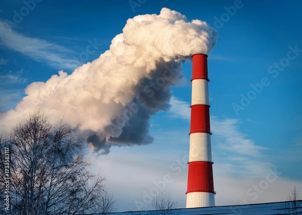 Fototapeta Industrial chimney with smoke symbolizing CO2 emissions, air pollution, global warming, and climate change; ideal for ecological reports and sustainability projects