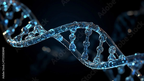 Fototapeta DNA close-up on dark blue background. View under the microscope. Generative ai