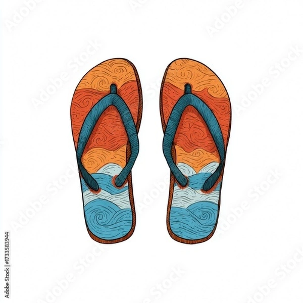 Fototapeta Illustration of flip-flops with beach scene patterns, perfect for summer and travel themes. The flip-flops showcase colorful landscapes, bringing the spirit of vacation