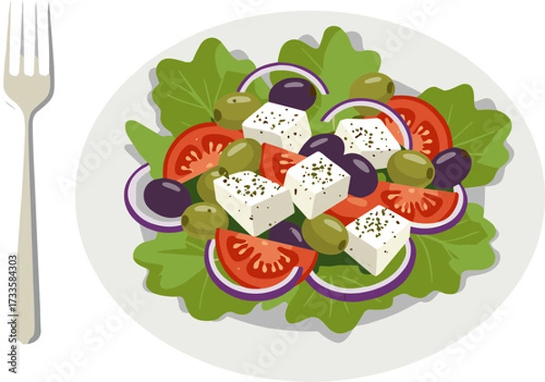 Fototapeta Greek salad with feta cheese, olives, and fresh vegetables on a plate - Concept of flat style, transparent background  