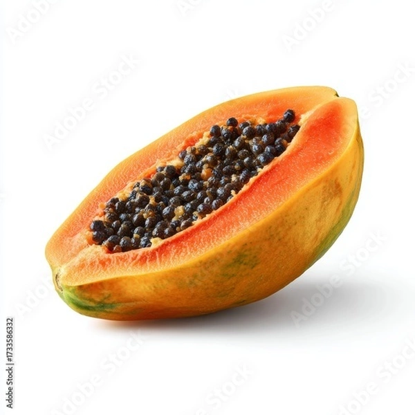 Fototapeta A vibrant half-cut papaya showing off its seeds. The bright orange flesh and black seeds, which are a great source of nutrients, creates an inviting image of fresh food
