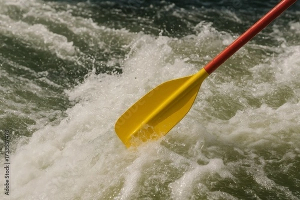 Obraz A vibrant yellow and red paddle plunges into churning white water. Experience the thrill of kayaking and rafting with this dynamic image.