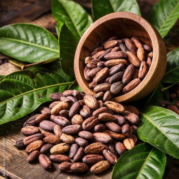 Fototapeta There are cocoa beans on the table