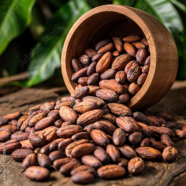 Fototapeta There are cocoa beans on the table