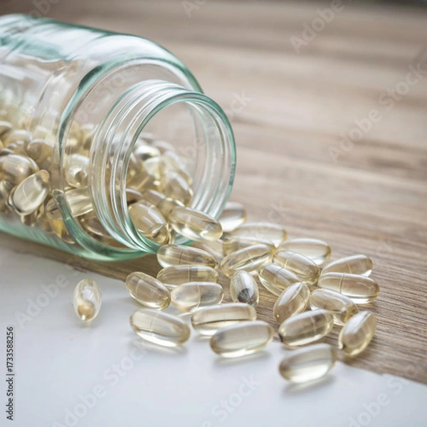 Fototapeta Transparent capsules are sent from a jar on the table