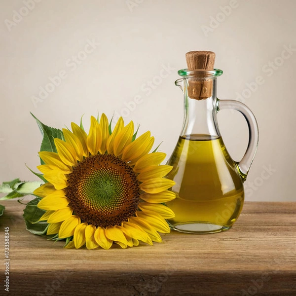 Fototapeta there is a sunflower and oil in a decanter on the table