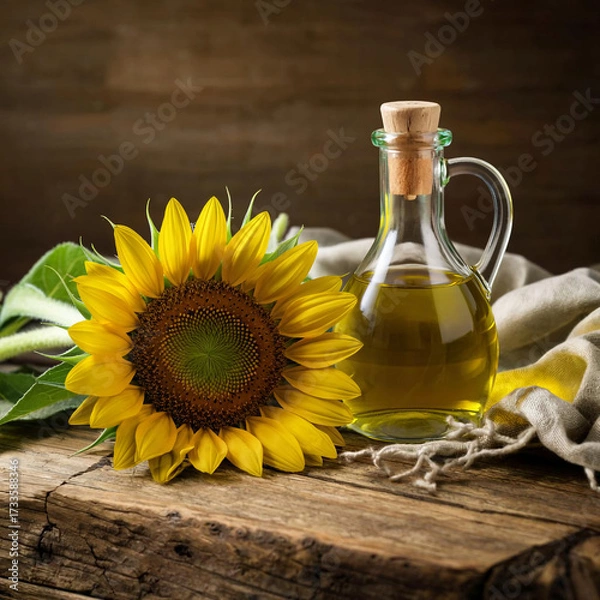Fototapeta there is a sunflower and oil in a decanter on the table