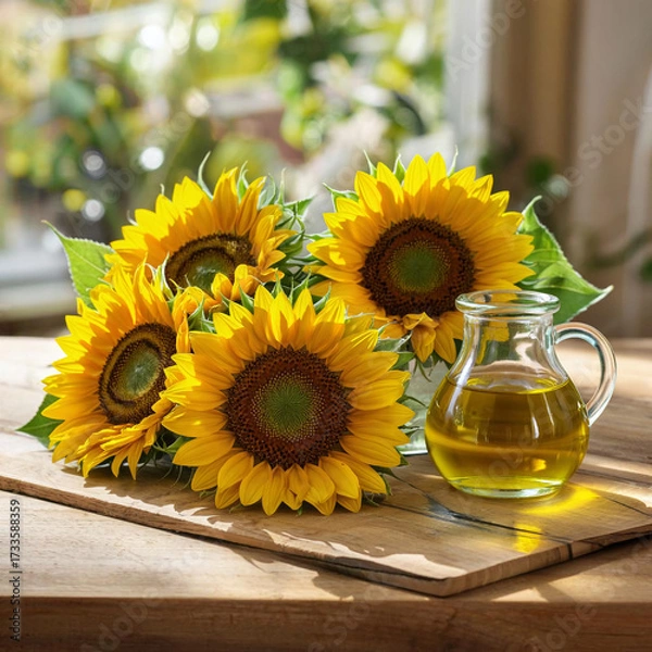 Fototapeta there is a sunflower and oil in a decanter on the table