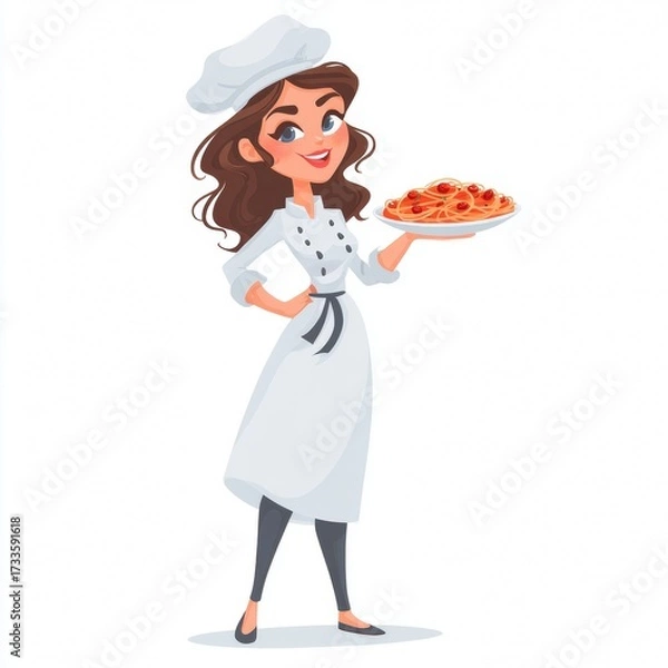 Fototapeta An illustration of a female chef, holding a plate of spaghetti, ready to serve. She is smiling and dressed in a classic uniform