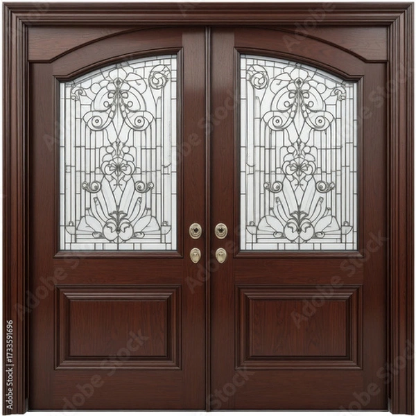 Fototapeta A grand double-entry door unit, made of dark, polished mahogany with intricate glass inserts.