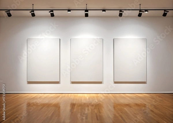 Fototapeta Three blank white canvases hang on gallery wall under spotlight illumination. Polished wooden floor reflects light, creating minimalist exhibition space. Clean scene offers room for creative