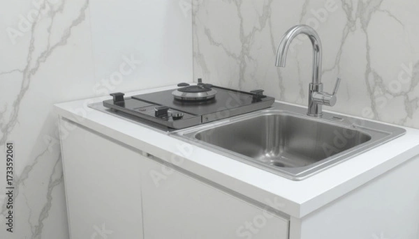 Fototapeta A small, compact kitchen counter unit perfect for an apartment, featuring a built-in two-burner stovetop and a compact sink, all in a smooth, matte white finish. It rests on a pristine white backgroun