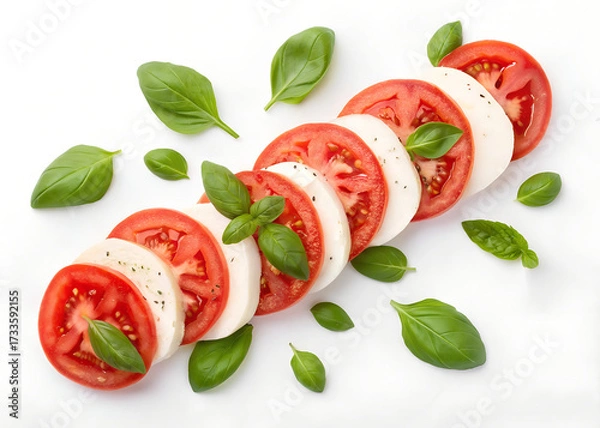 Fototapeta Sliced Tomatoes with Basil Leaves, Caprese salad, isolated on white background