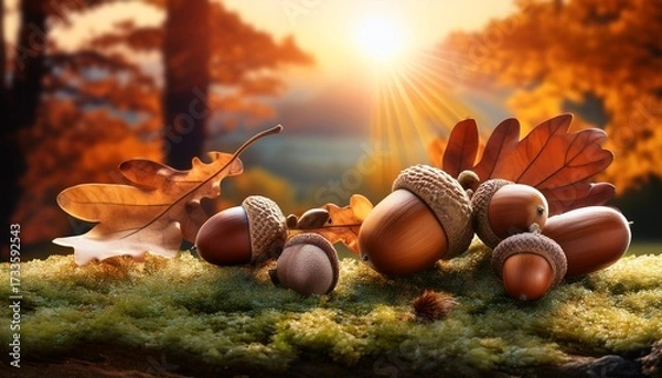 Fototapeta Acorns And Seasonal Elements In A Nature Scene