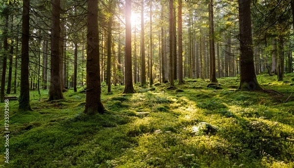 Fototapeta Lush Green Forest With Sunlight Filtering Through Trees Highlighting A Mossy Ground Serene Atmosphere