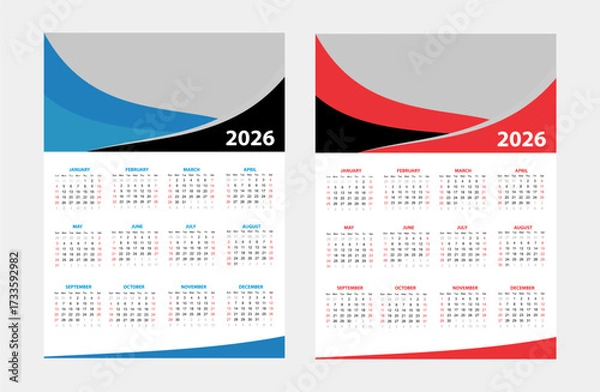 Fototapeta calendar 2026 design template vector. blue black color combination and red black color.