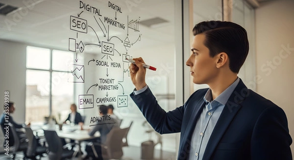Fototapeta Marketing Strategy Flowchart: Man Planning Social Media Campaigns in Office