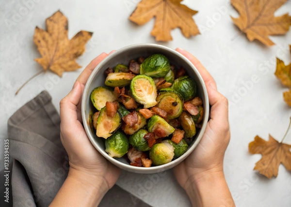 Fototapeta Two Hands Cupping Bowl of Roasted Brussels Sprouts with Bacon Pieces and Autumn Leaves