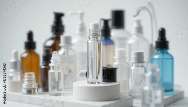 Fototapeta A close-up shot of a single empty glass roll-on inhaler bottle, no labels or branding, resting amongst other generic empty cosmetic bottles on a white display stand, white background.