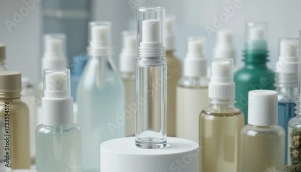 Fototapeta A close-up shot of a single empty glass roll-on inhaler bottle, no labels or branding, resting amongst other generic empty cosmetic bottles on a white display stand, white background.