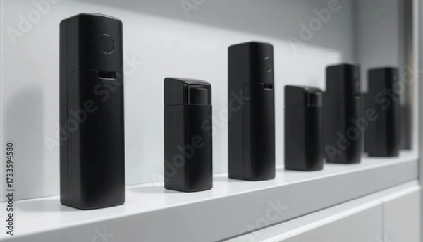 Fototapeta A modern retail concept showing empty, unbranded sleek matte black inhaler dispensers, standing upright in a sleek white display unit, white background.