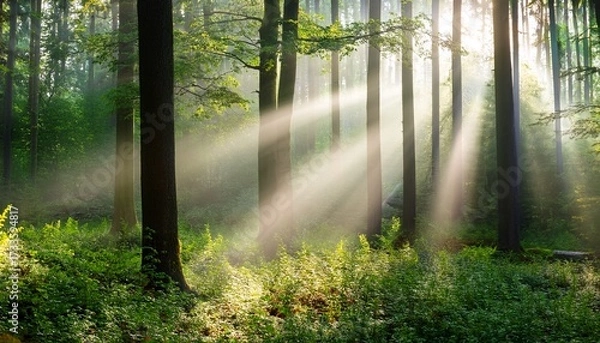 Fototapeta Enchanting Rays Of Sunlight In A Green Forest A Mix Of Sunshine And Light Fog Create A Magical Atmosphere In This Panoramic Nature Shot