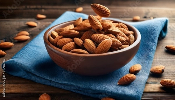 Fototapeta Shelled Raw Almonds Falling Into Bowl Placed On Blue Napkin On Rustic Wooden Table Creating Warm And Inviting Atmosphere Perfect For Healthy Snacking