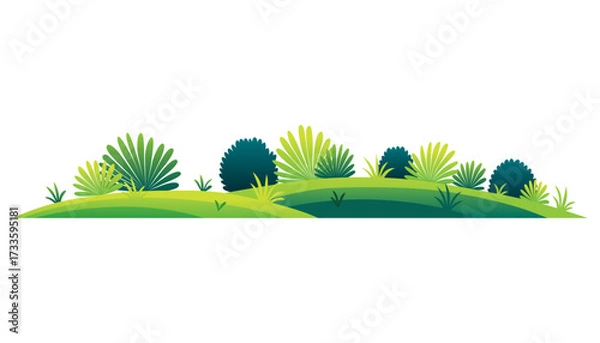 Obraz Green lawn with grass and plants on white background, composition of plants on the sunny lawn
