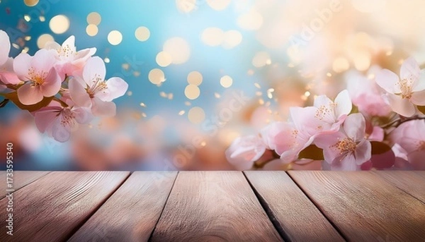 Fototapeta Pastel Wood Surface Meets A Dreamy Bokeh Backdrop Of Pinks Blues Dusted With Gold Flecks And Delicate Floral Petals
