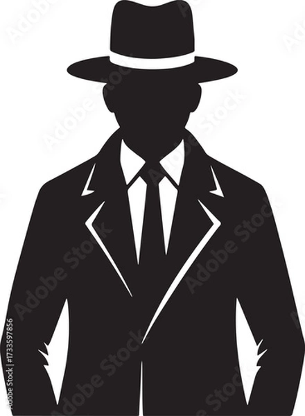 Fototapeta Mafia Man Silhouette in Suit and Hat Gangster Character Vector Icon