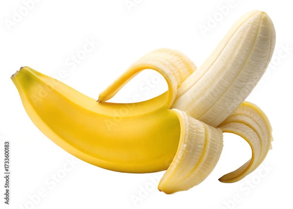 Fototapeta A ripe banana, partially peeled, showcases its creamy texture and vibrant color isolated on transparent background