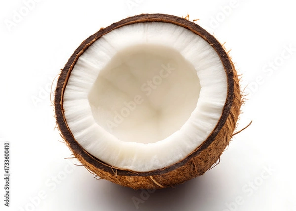 Fototapeta A halved coconut isolated on transparent background reveals its radiant core, showcasing its natural beauty and inviting a taste of the tropics