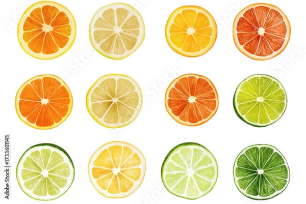 Fototapeta Collection of sliced lemons and half lemon isolated on transparent background. Collection set of lemon slices isolated on white background.
