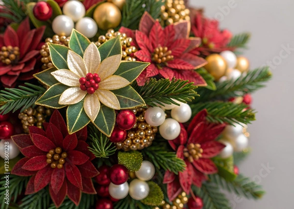 Fototapeta A high-resolution, detailed photograph of a festive and ornate holiday-themed arrangement. The image is richly detailed with various textures and colors, showcasing a close-up view of a craftsmanship-