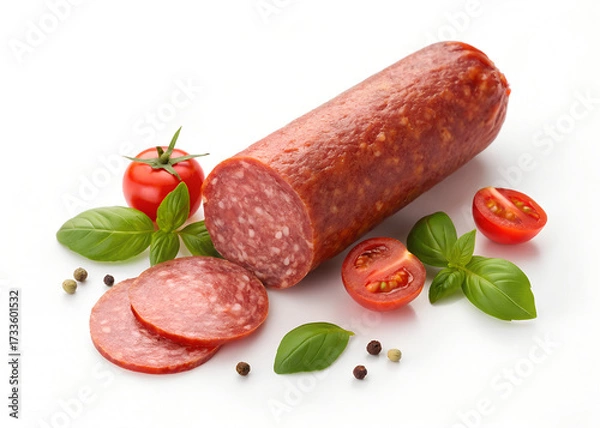 Fototapeta Salami Sausage with Tomatoes and Basil, isolated on white background