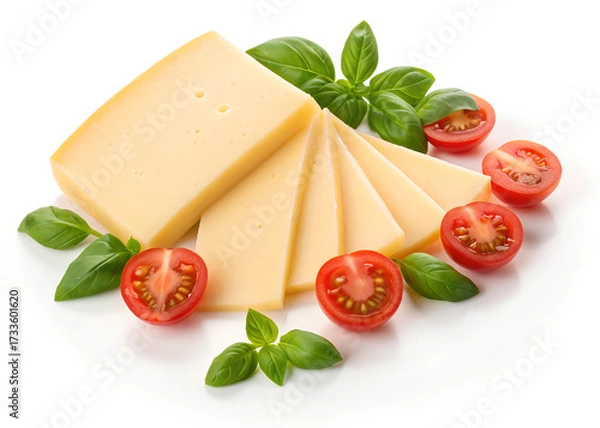 Fototapeta Sliced Cheese, Tomatoes, Basil, isolated on white background