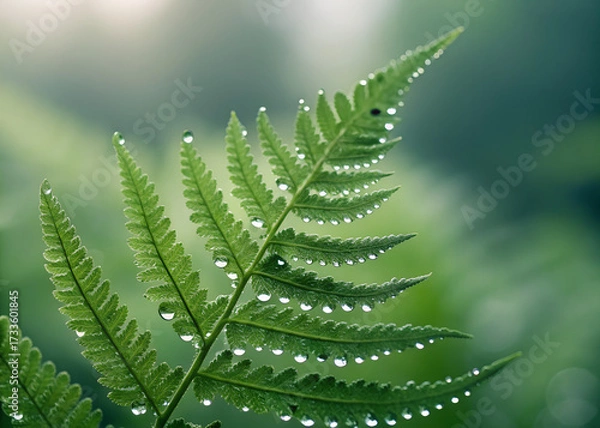 Fototapeta Minimalist composition of fresh morning dew on fern leaves perfect for nature background or wellness design