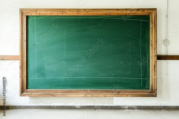 Fototapeta Empty classroom chalkboard with wooden frame, clean green board, bright natural light, minimal education background, white floor.