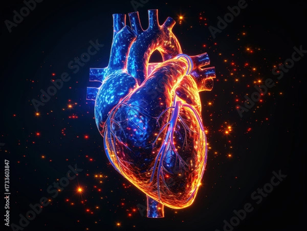 Fototapeta Digital 3D illustration of human heart on background of red and blue cardiac pulse line. Close-up