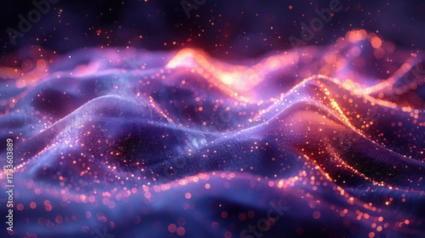 Fototapeta Purple wave surface with bright shimmering neon lights and bokeh. Abstract fantasy texture with tiny flashes and particles. Copy space for text.