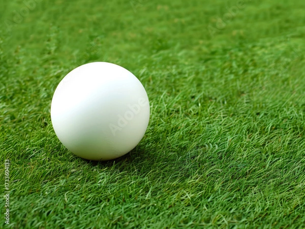 Fototapeta Matte white ball on picturesque green course. Pitch is perfectly prepared, grass is neatly trimmed. Reflection of sun rays on surface  texture of grass. Copy space.