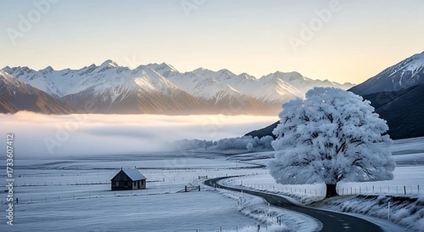 Fototapeta Majestic Snow Capped Mountains Tower Over A Foggy Winter Valley. A Rustic Cabin And A Frost Covered Tree Line A Winding Road In This Serene Morning Landscape.