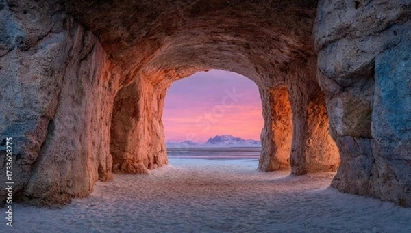 Obraz Sunrise through a rocky cave opening onto a beach