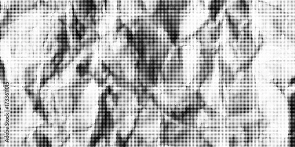 Obraz Black and white halftone wrinkled newspaper bg with circle dot pattern. Crumpled paper with duotone raster texture. Grainy vintage graphic. Vintage vector illustration