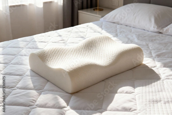 Fototapeta A contoured pillow on a white quilted bed with a white pillow and nightstand in the background